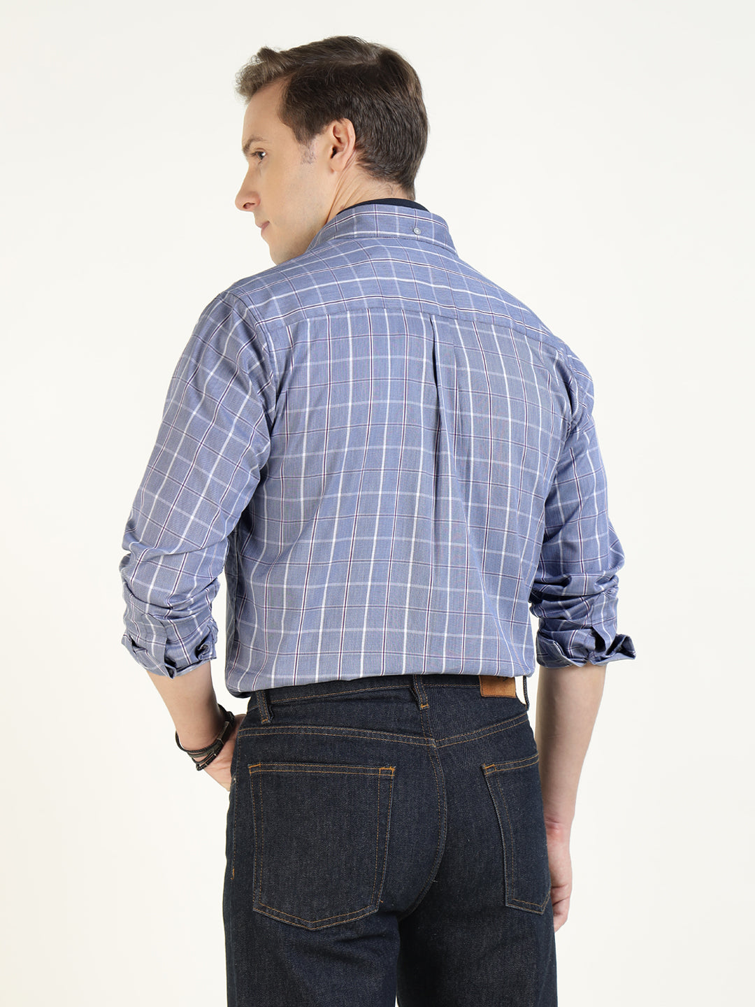 Hancock Men Blue Checked Pure Cotton Slim Fit Casual Shirt