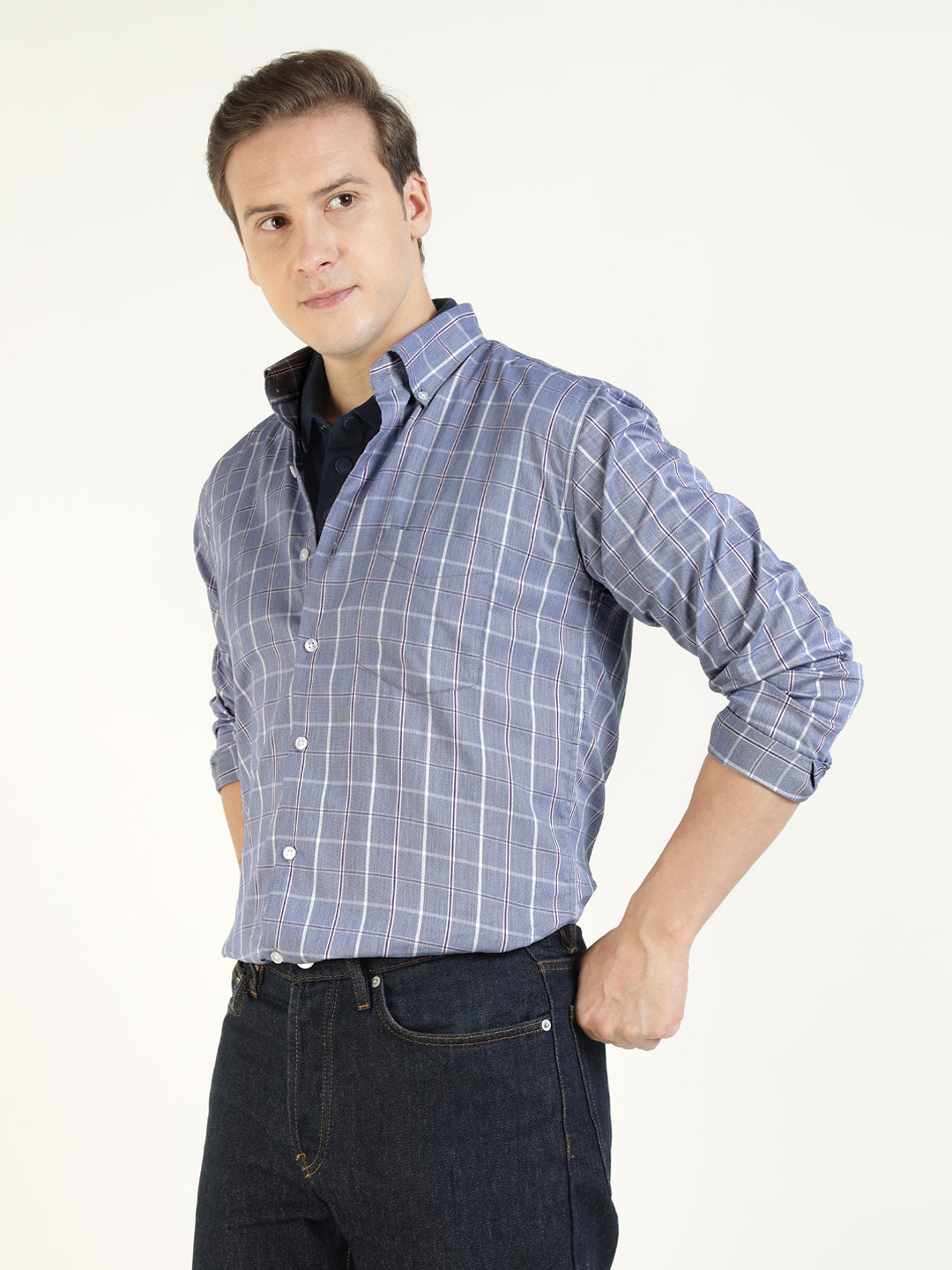 Hancock Men Blue Checked Pure Cotton Slim Fit Casual Shirt