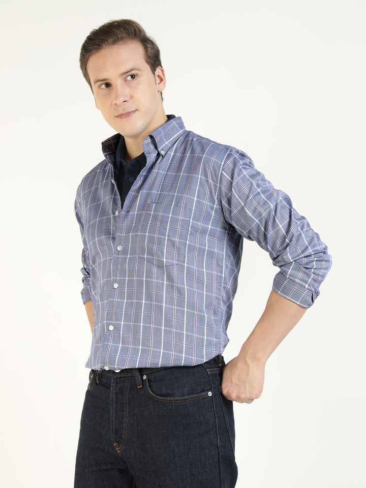 Hancock Men Blue Checked Pure Cotton Slim Fit Casual Shirt