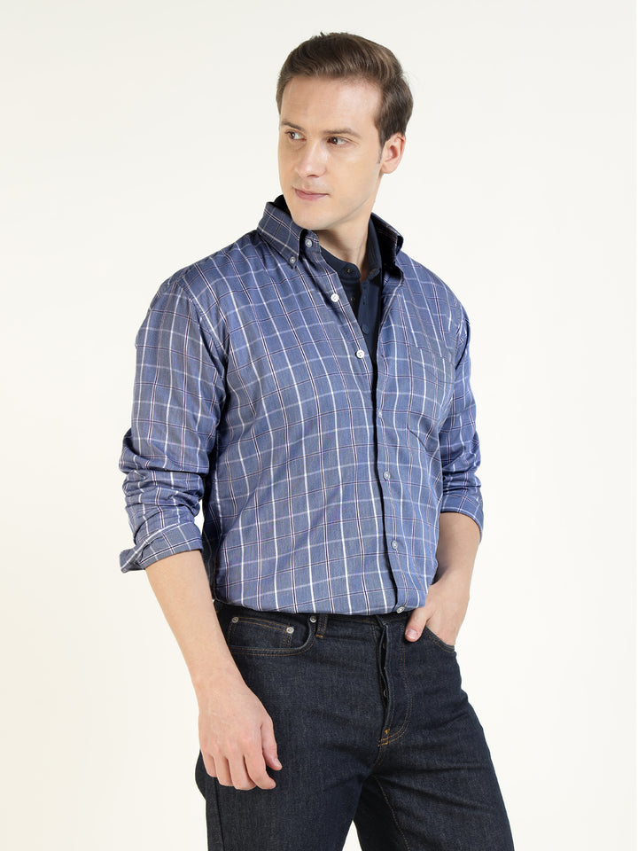 Hancock Men Blue Checked Pure Cotton Slim Fit Casual Shirt
