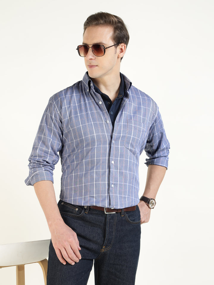 Hancock Men Blue Checked Pure Cotton Slim Fit Casual Shirt