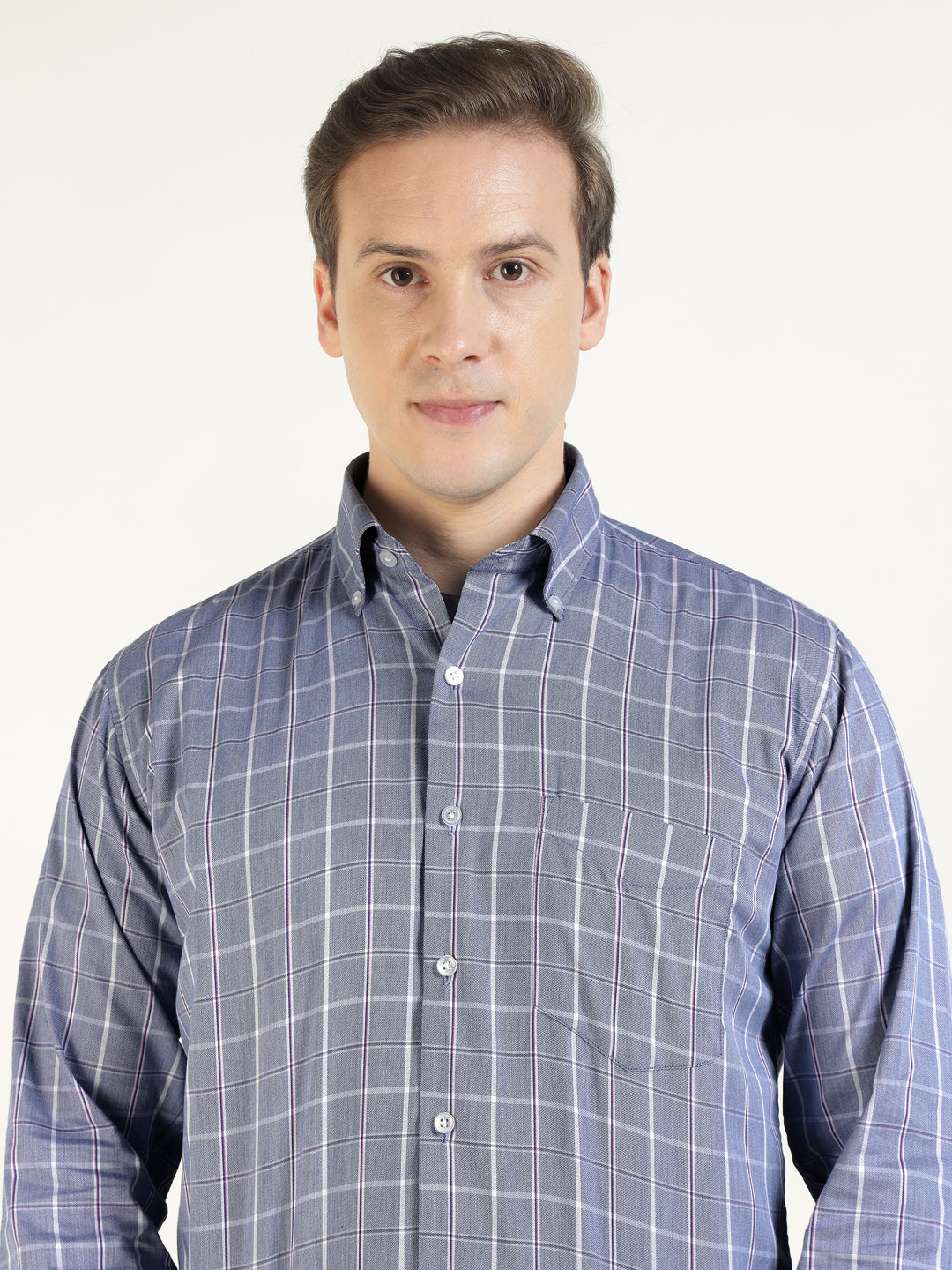 Hancock Men Blue Checked Pure Cotton Slim Fit Casual Shirt