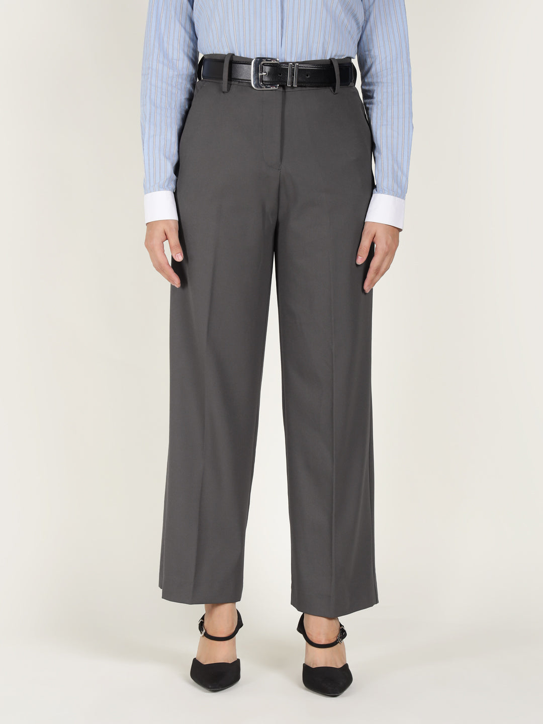Women Grey Solid Polyester Viscose & Elastane Wide Leg Formal Trouser