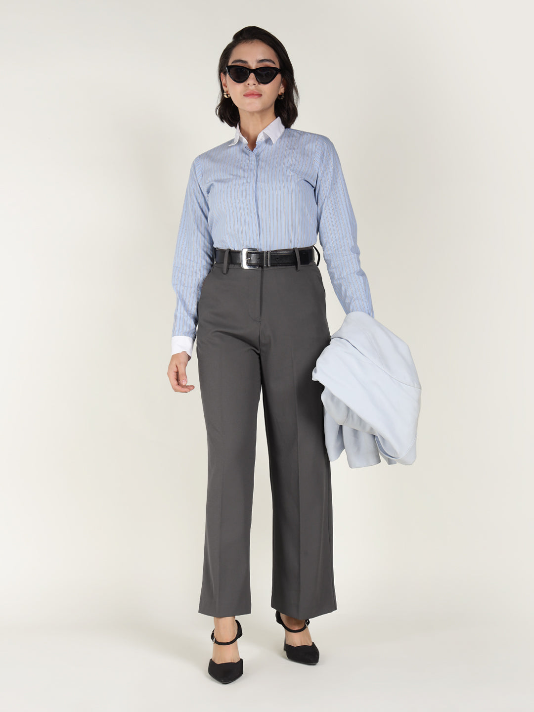 Women Grey Solid Polyester Viscose & Elastane Wide Leg Formal Trouser