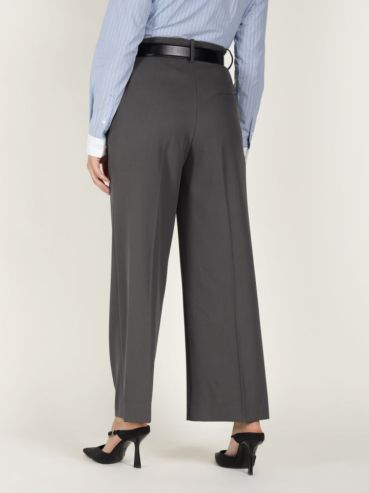 Women Grey Solid Polyester Viscose & Elastane Wide Leg Formal Trouser