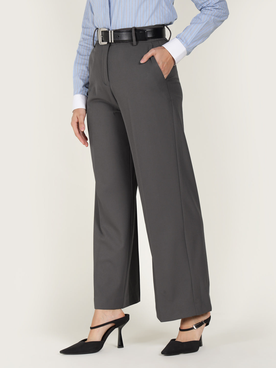 Women Grey Solid Polyester Viscose & Elastane Wide Leg Formal Trouser