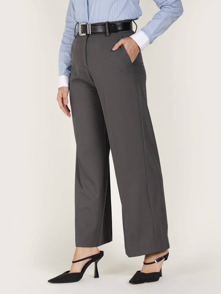 Women Grey Solid Polyester Viscose & Elastane Wide Leg Formal Trouser