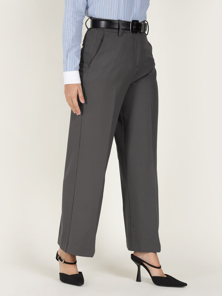Women Grey Solid Polyester Viscose & Elastane Wide Leg Formal Trouser