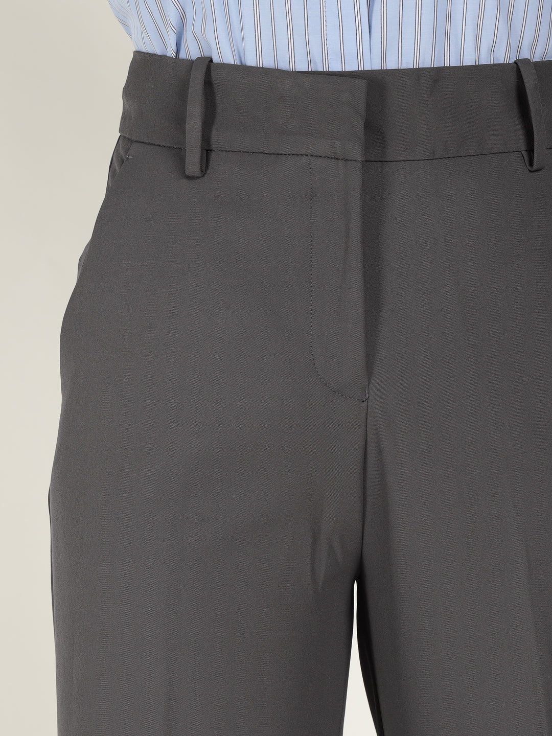 Women Grey Solid Polyester Viscose & Elastane Wide Leg Formal Trouser