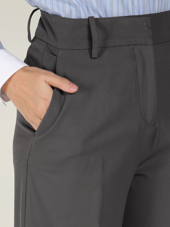 Women Grey Solid Polyester Viscose & Elastane Wide Leg Formal Trouser