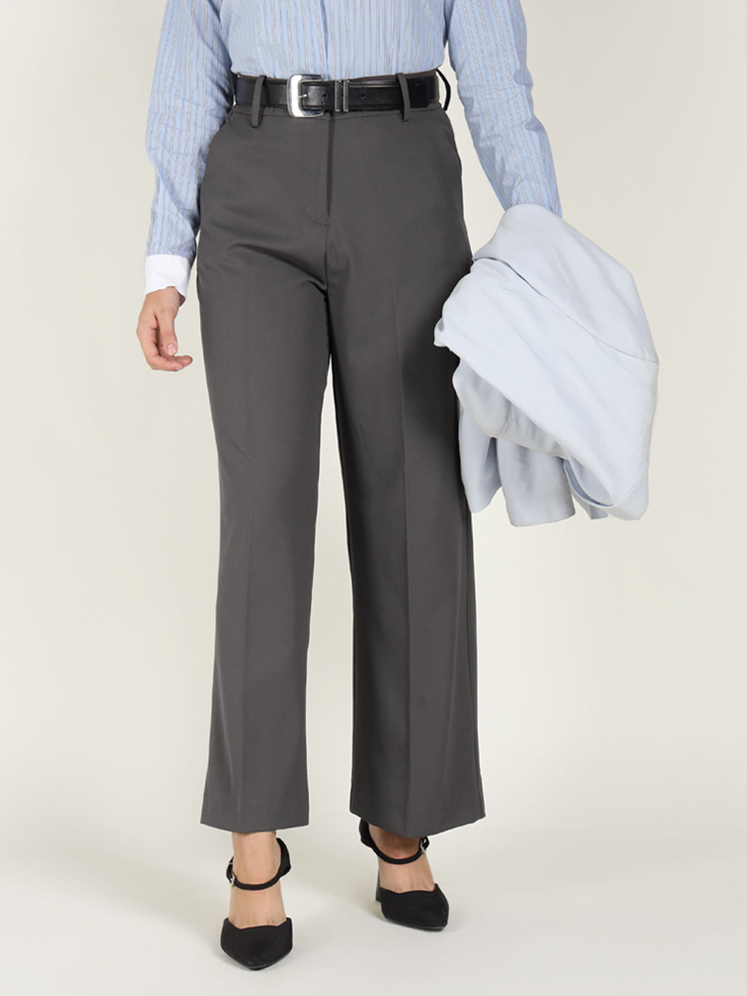 Women Grey Solid Polyester Viscose & Elastane Wide Leg Formal Trouser