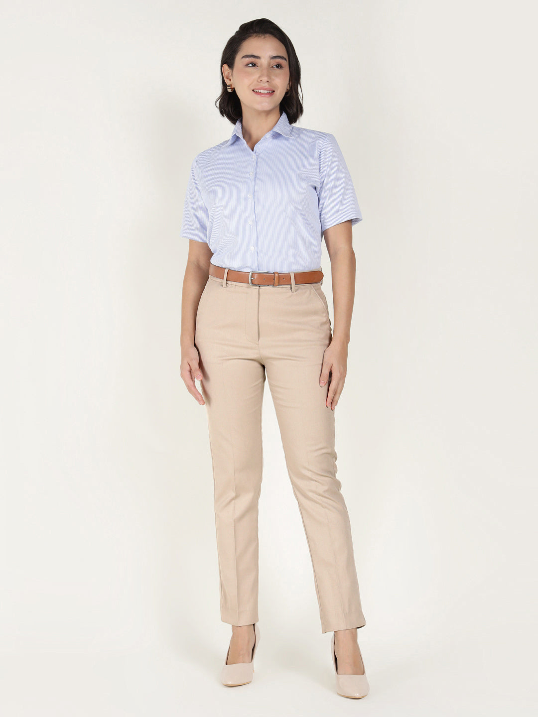 Hancock Women Beige Solid Polyester, Viscose & Elastane Regular Fit Formal Trouser