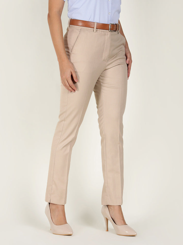 Hancock Women Beige Solid Polyester, Viscose & Elastane Regular Fit Formal Trouser