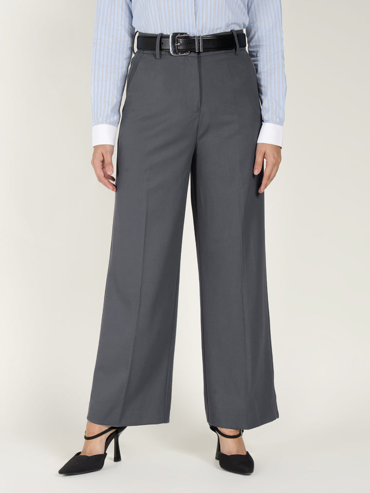 Women Denim Blue Solid Polyester Viscose & Elastane Wide Leg Formal Trouser