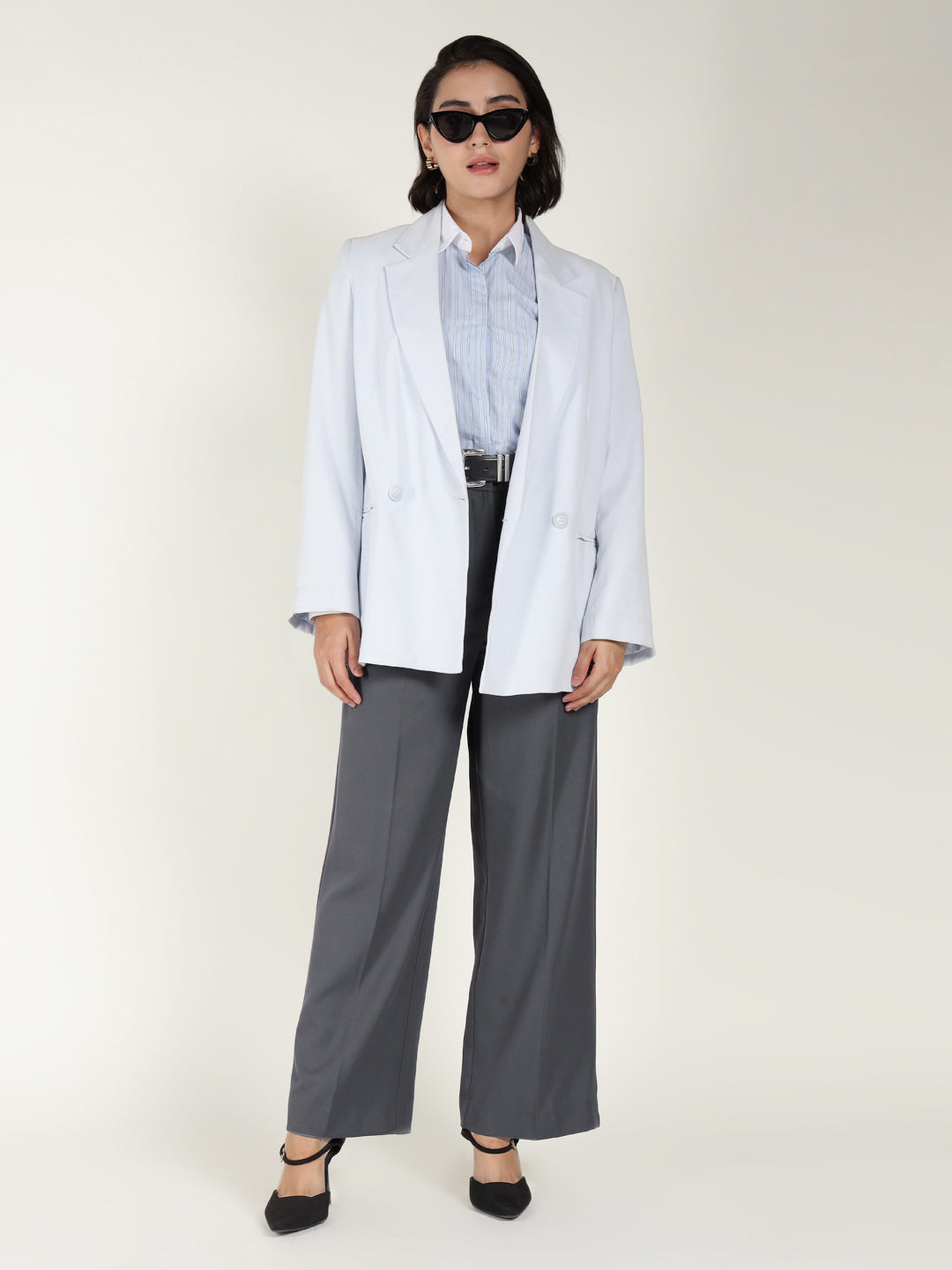 Women Denim Blue Solid Polyester Viscose & Elastane Wide Leg Formal Trouser