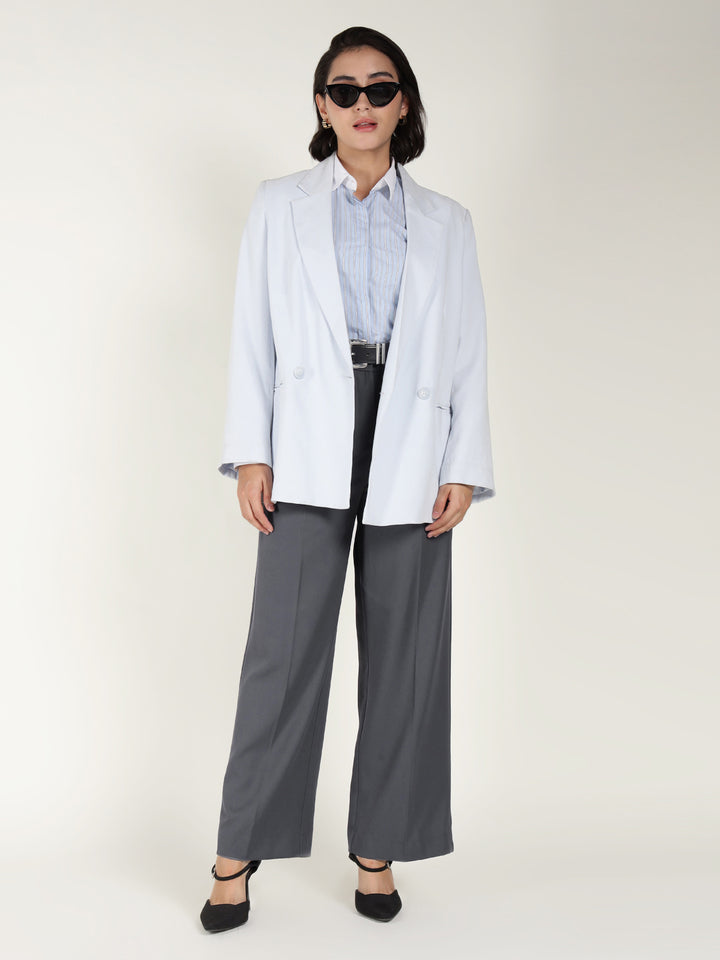 Women Denim Blue Solid Polyester Viscose & Elastane Wide Leg Formal Trouser