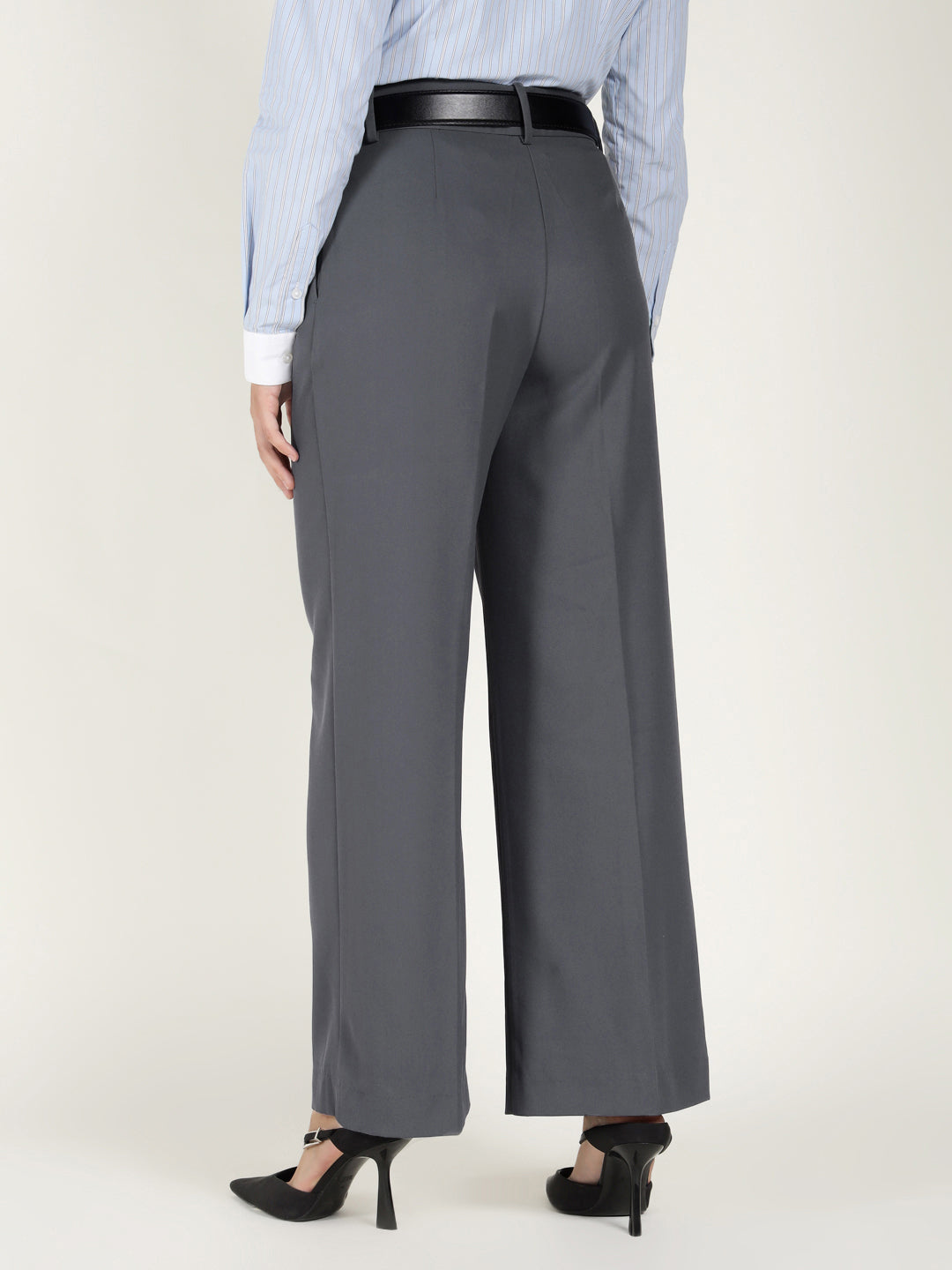 Women Denim Blue Solid Polyester Viscose & Elastane Wide Leg Formal Trouser