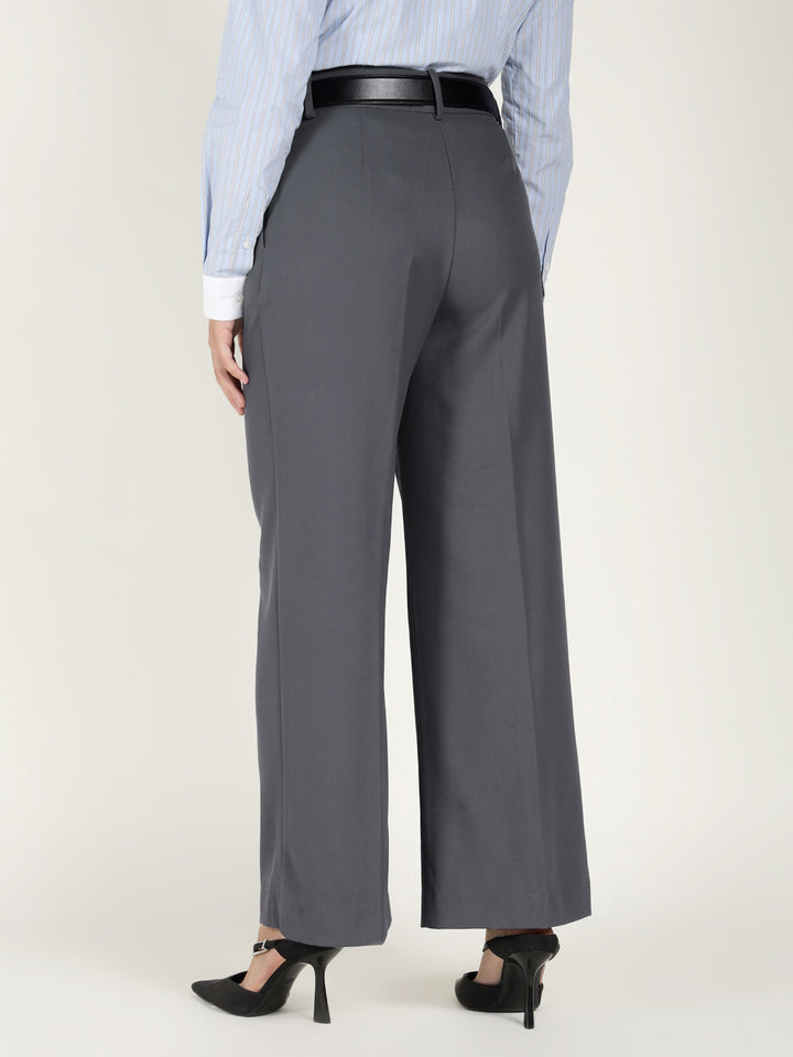 Women Denim Blue Solid Polyester Viscose & Elastane Wide Leg Formal Trouser