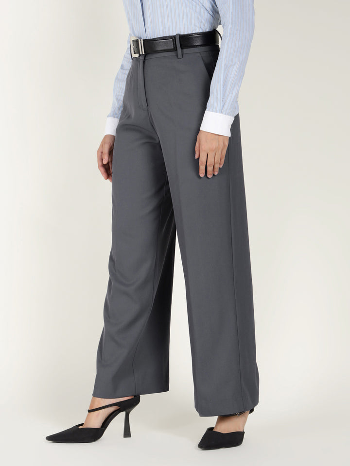 Women Denim Blue Solid Polyester Viscose & Elastane Wide Leg Formal Trouser