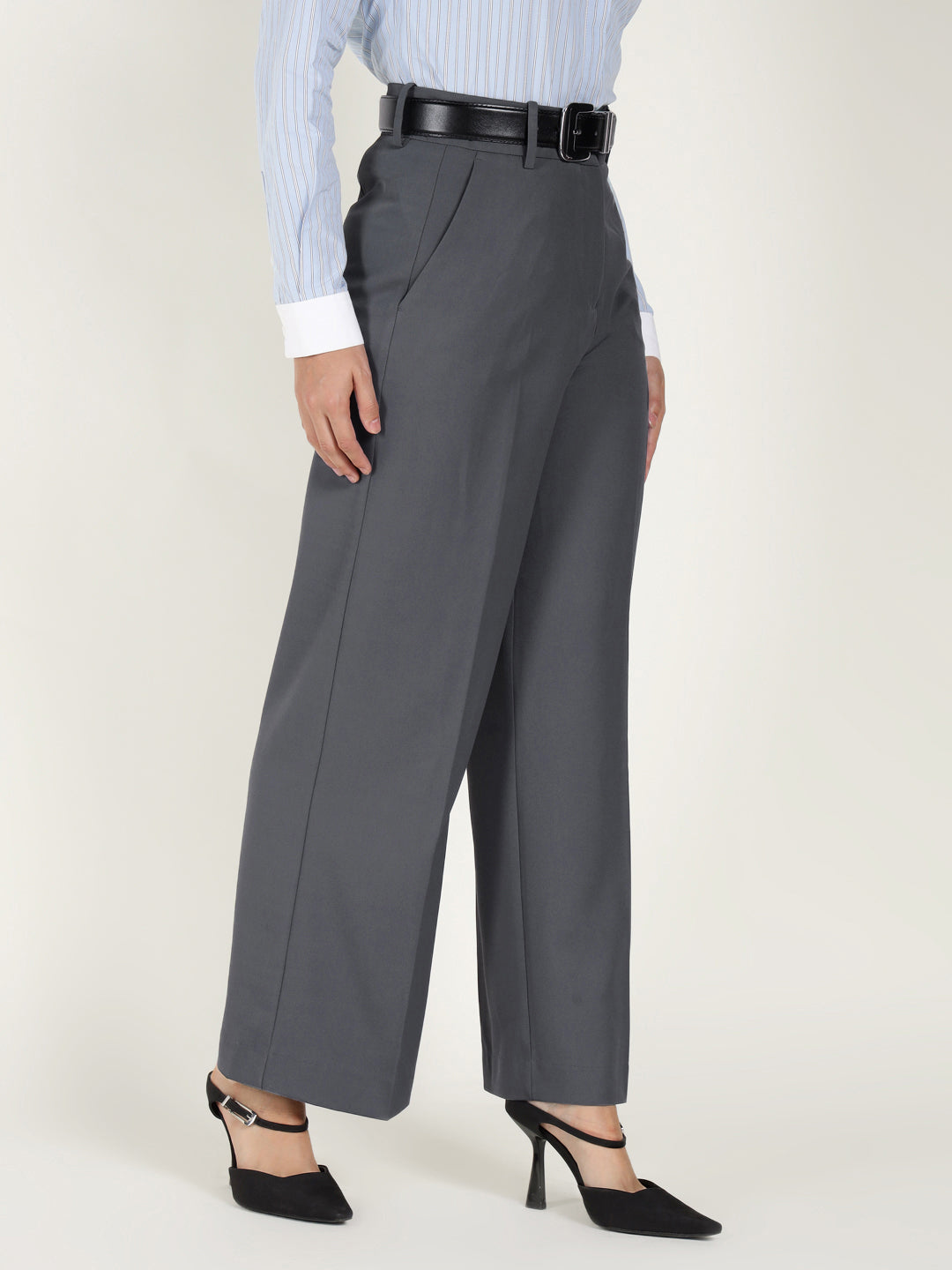 Women Denim Blue Solid Polyester Viscose & Elastane Wide Leg Formal Trouser