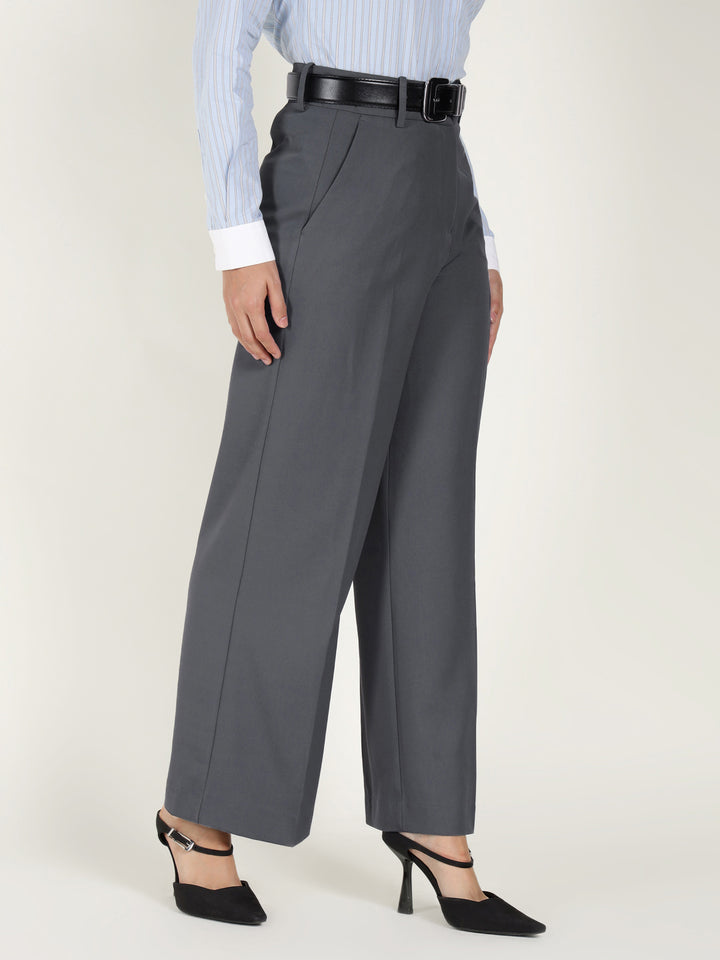 Women Denim Blue Solid Polyester Viscose & Elastane Wide Leg Formal Trouser