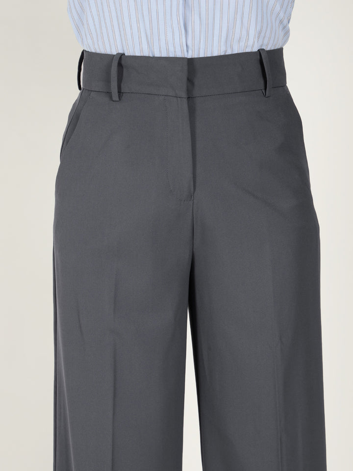 Women Denim Blue Solid Polyester Viscose & Elastane Wide Leg Formal Trouser