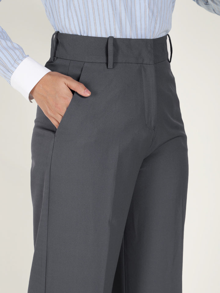 Women Denim Blue Solid Polyester Viscose & Elastane Wide Leg Formal Trouser