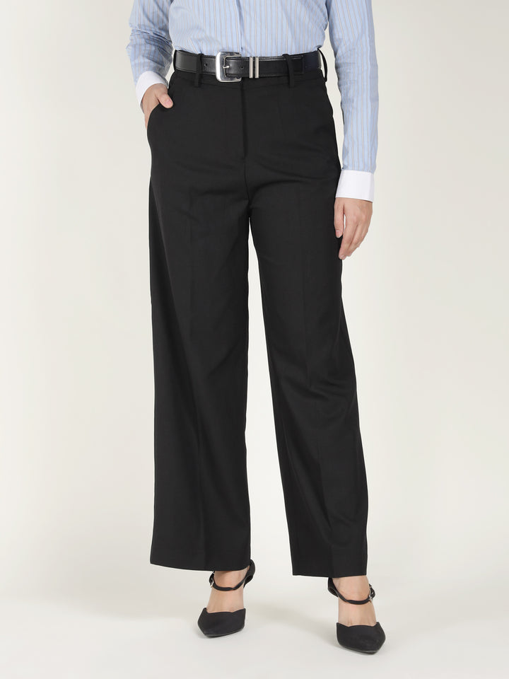 Women Black Solid Polyester Viscose & Elastane Wide Leg Formal Trouser