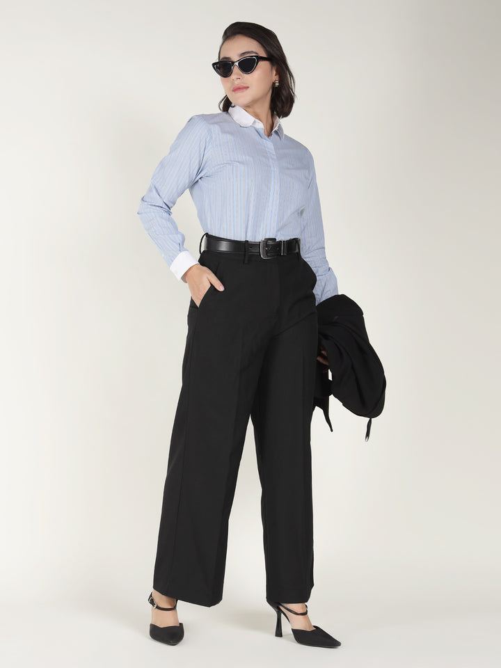 Women Black Solid Polyester Viscose & Elastane Wide Leg Formal Trouser
