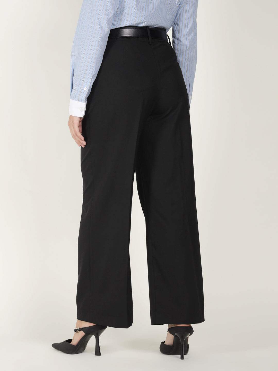 Women Black Solid Polyester Viscose & Elastane Wide Leg Formal Trouser