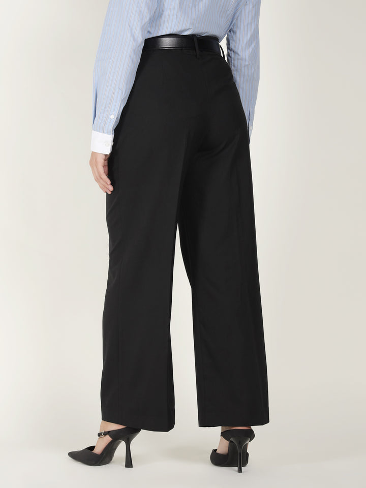 Women Black Solid Polyester Viscose & Elastane Wide Leg Formal Trouser