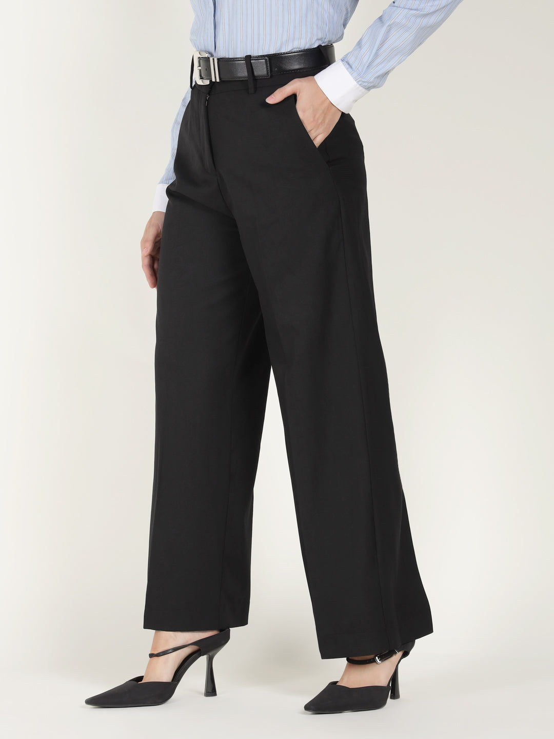 Women Black Solid Polyester Viscose & Elastane Wide Leg Formal Trouser
