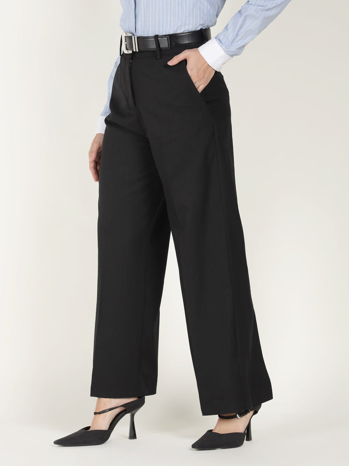 Women Black Solid Polyester Viscose & Elastane Wide Leg Formal Trouser