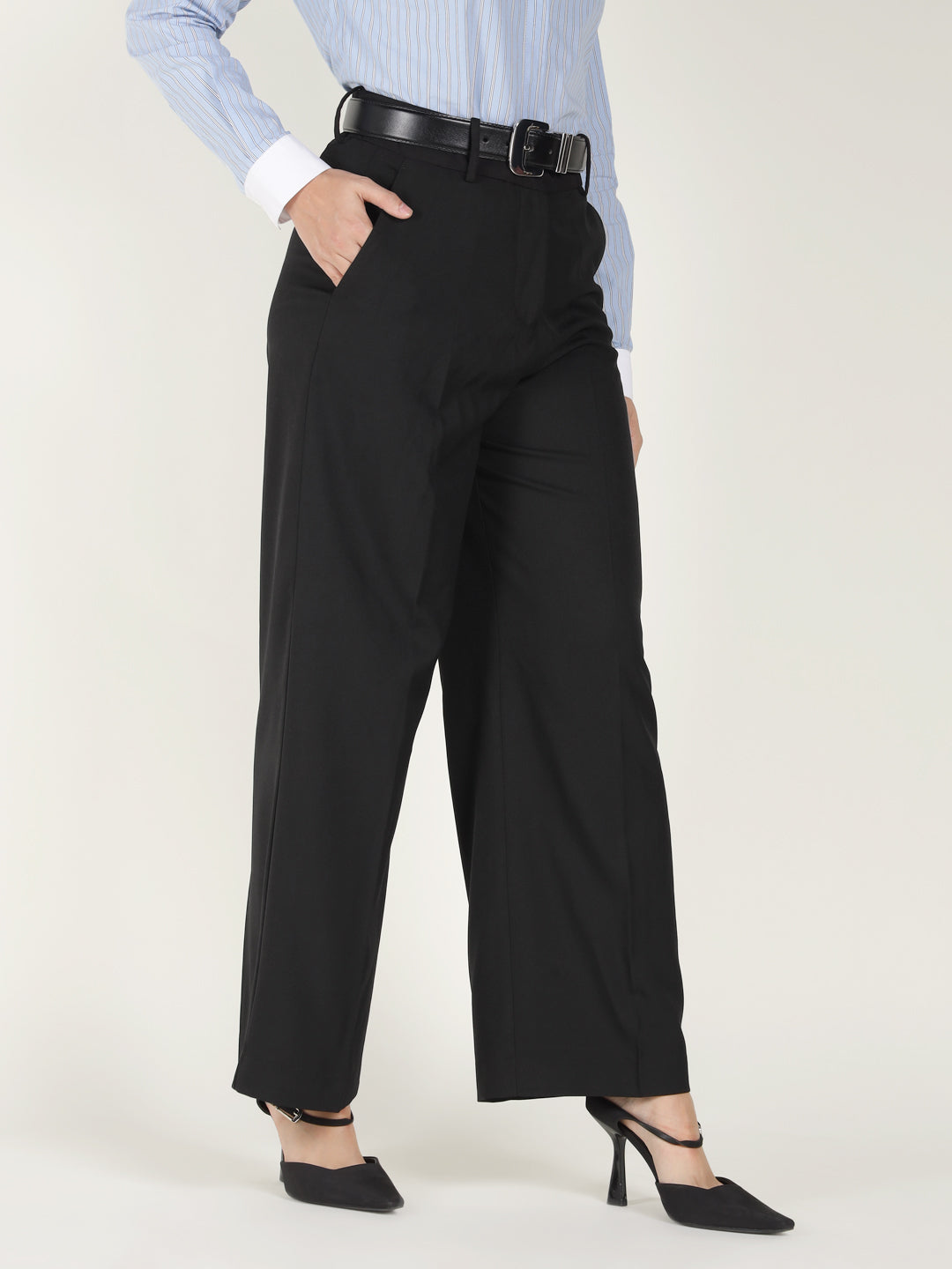 Women Black Solid Polyester Viscose & Elastane Wide Leg Formal Trouser