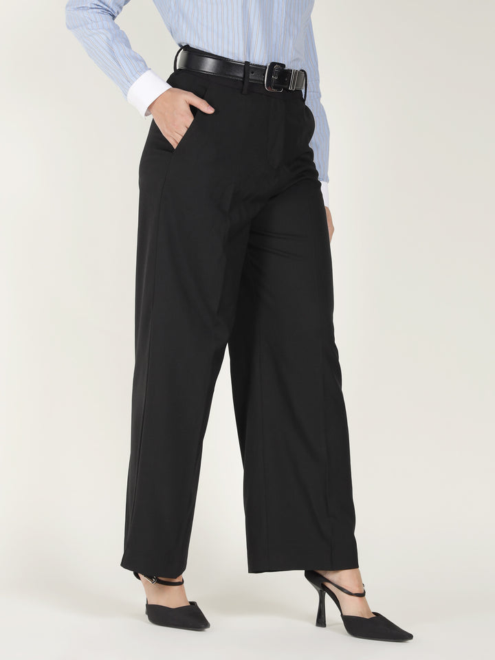 Women Black Solid Polyester Viscose & Elastane Wide Leg Formal Trouser