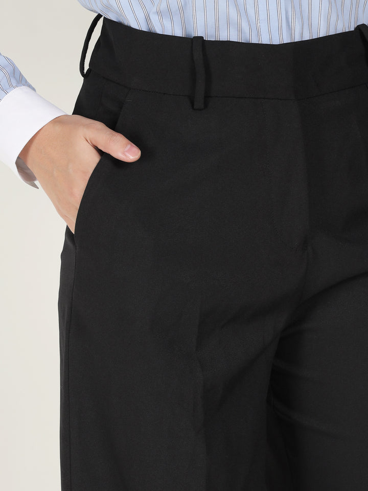 Women Black Solid Polyester Viscose & Elastane Wide Leg Formal Trouser
