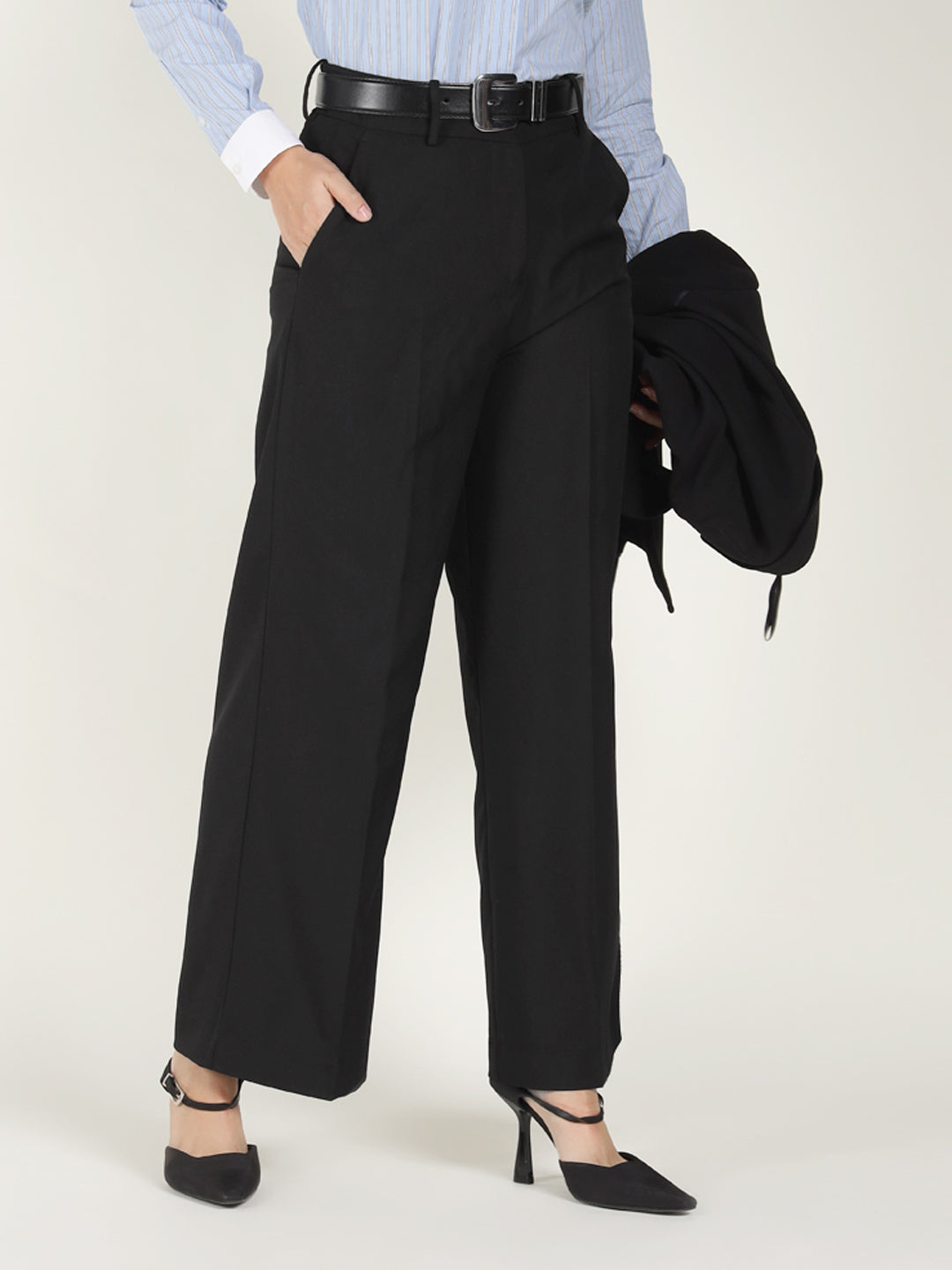 Women Black Solid Polyester Viscose & Elastane Wide Leg Formal Trouser
