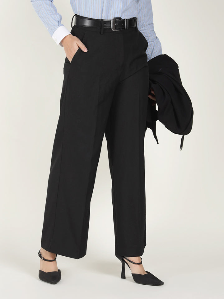 Women Black Solid Polyester Viscose & Elastane Wide Leg Formal Trouser