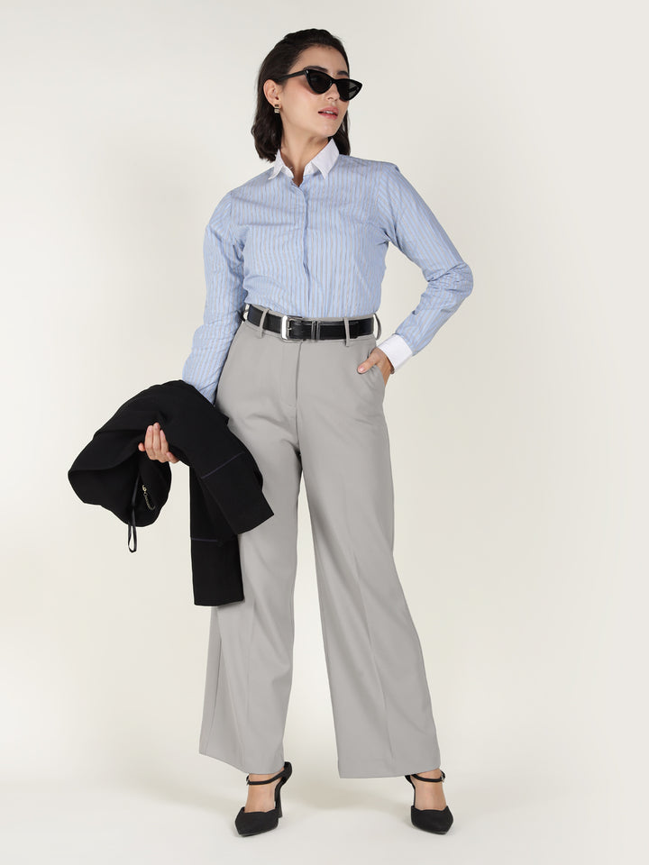 Hancock Women Basil Solid Polyester, Viscose & Elastane Wide Leg Formal Trouser