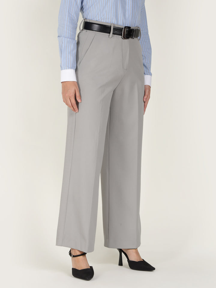 Hancock Women Basil Solid Polyester, Viscose & Elastane Wide Leg Formal Trouser
