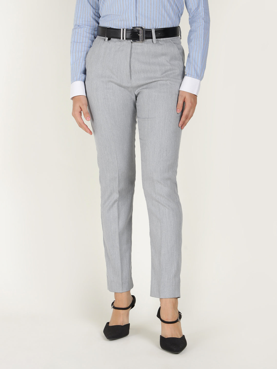 Women Smoke Grey Solid Polyester Viscose & Elastane Regular Fit Formal Trouser