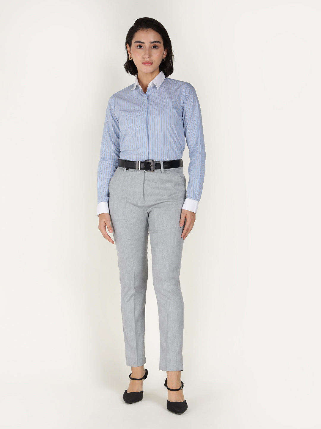 Women Smoke Grey Solid Polyester Viscose & Elastane Regular Fit Formal Trouser