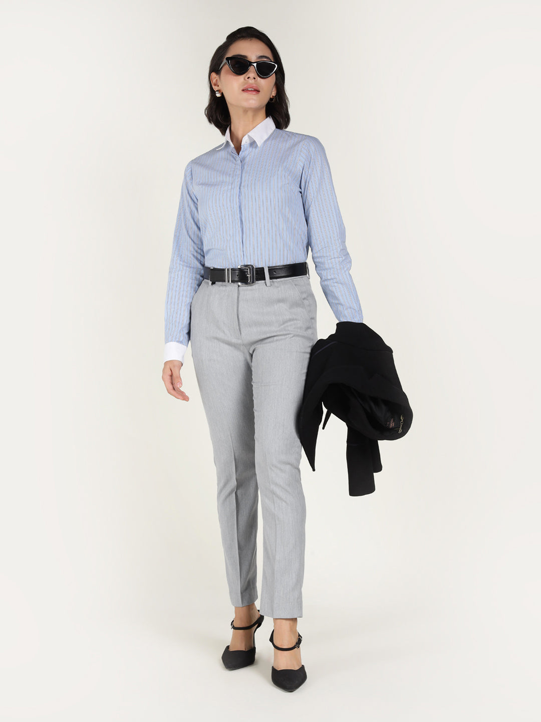 Women Smoke Grey Solid Polyester Viscose & Elastane Regular Fit Formal Trouser