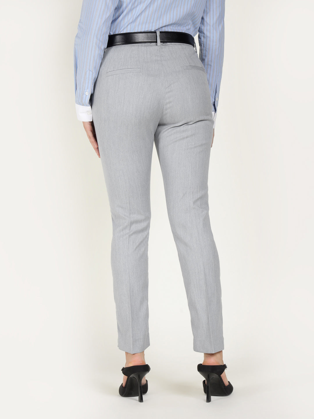 Women Smoke Grey Solid Polyester Viscose & Elastane Regular Fit Formal Trouser