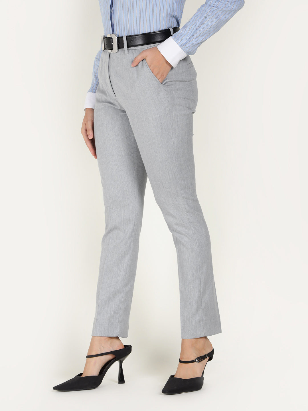 Women Smoke Grey Solid Polyester Viscose & Elastane Regular Fit Formal Trouser
