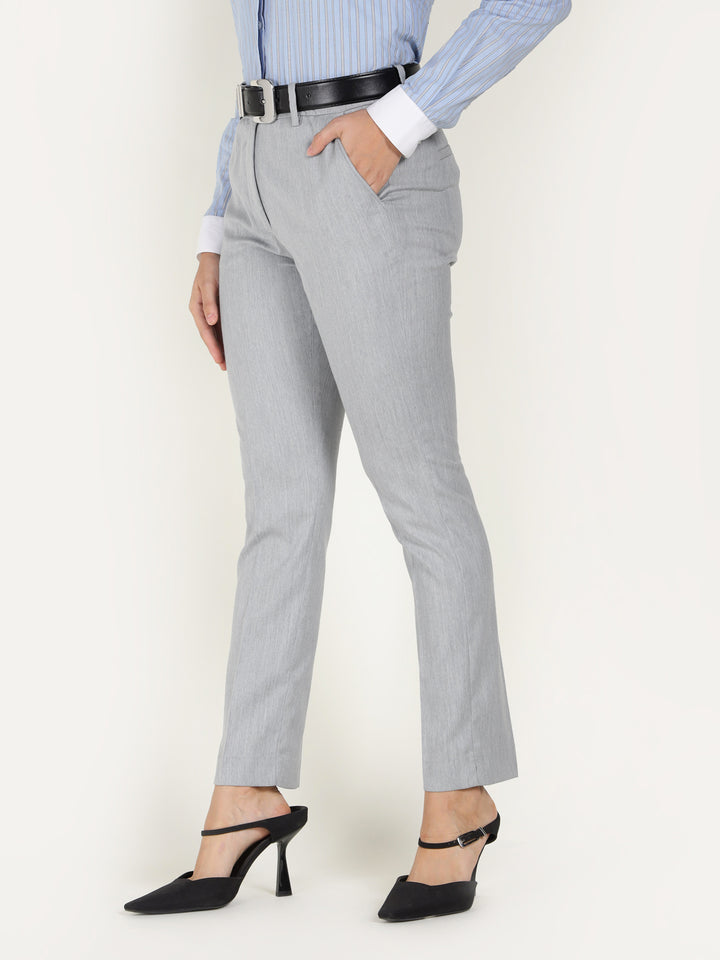 Women Smoke Grey Solid Polyester Viscose & Elastane Regular Fit Formal Trouser