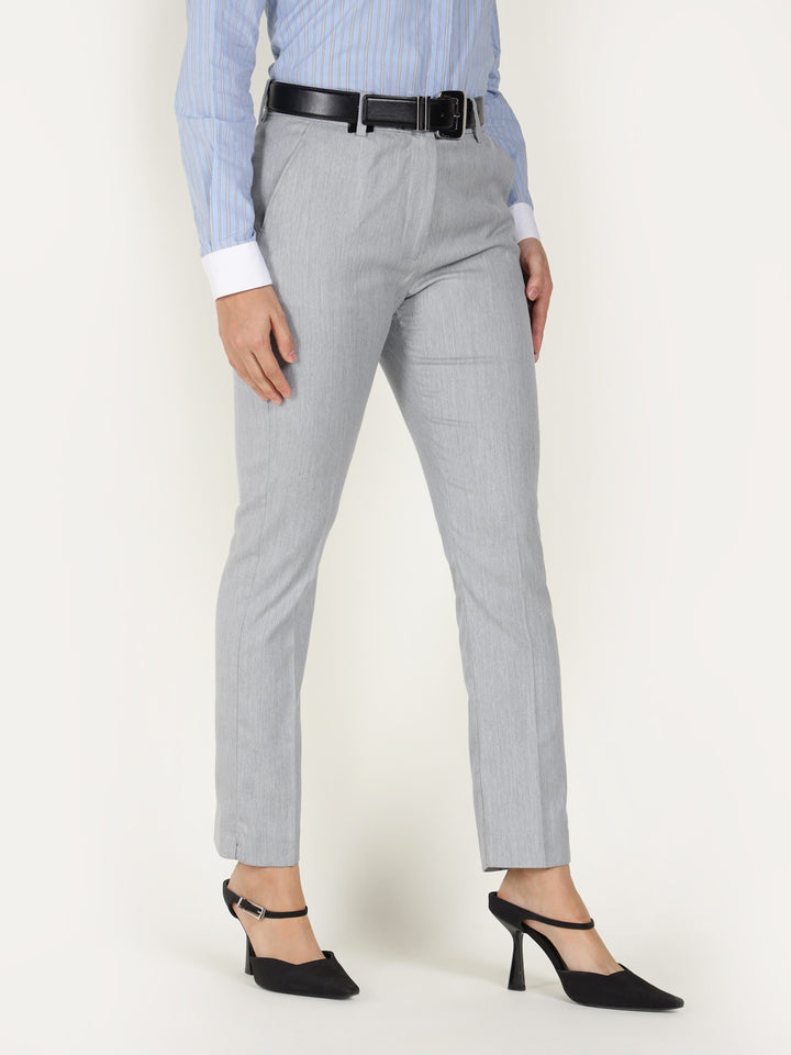Women Smoke Grey Solid Polyester Viscose & Elastane Regular Fit Formal Trouser