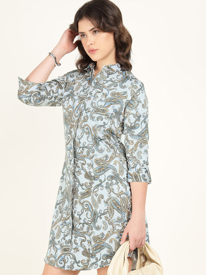 Women Sky Blue Printed Pure Cotton Regular Fit Formal Dress