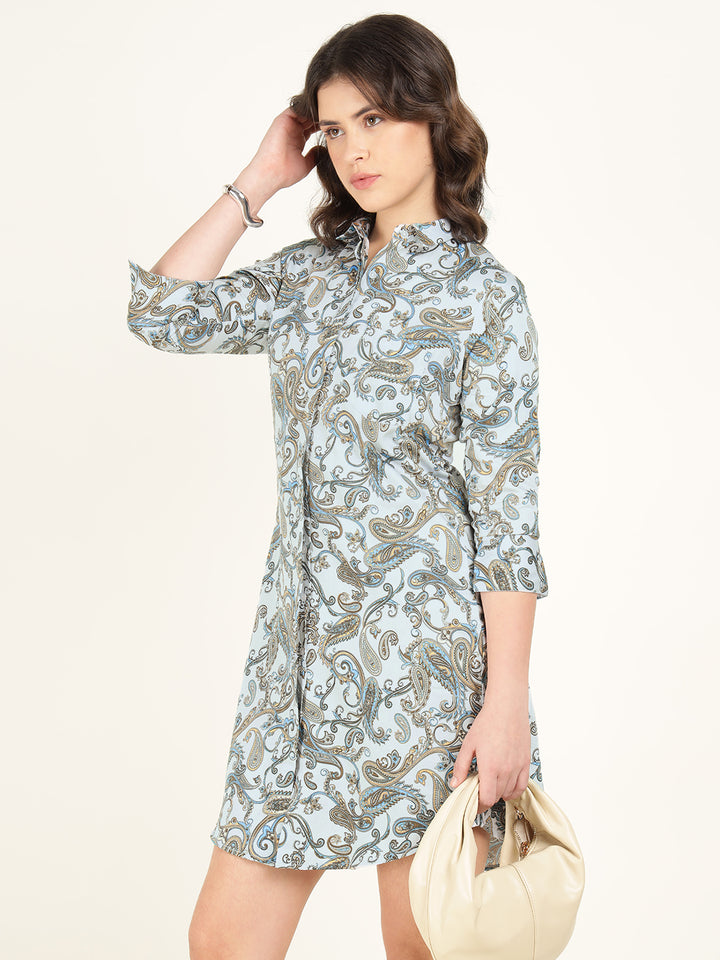 Women Sky Blue Printed Pure Cotton Regular Fit Formal Dress