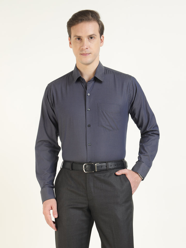 Men Navy Blue & Grey Striped Pure Cotton Slim Fit Formal Shirt